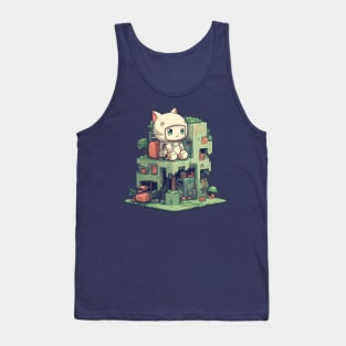 Small cute cat character sitting on a small building Tank Top